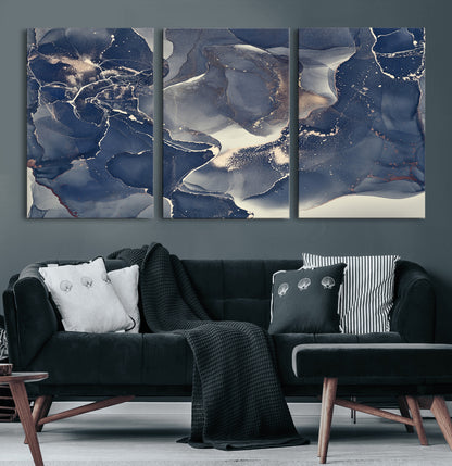 28282-MGV-CV-36X24-Blue Abstract Wall Art – Modern Ink Swirl Canvas Print, Contemporary Navy and Gold Painting for Living Room, Bedroom, Office or