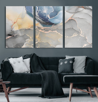 18176-MGV-CV-60X30-3P-Abstract Fluid Wall Art – Modern Marble Ink Canvas Print with Blue, Gold, and Gray Tones, Contemporary Minimal Artwork Decor for