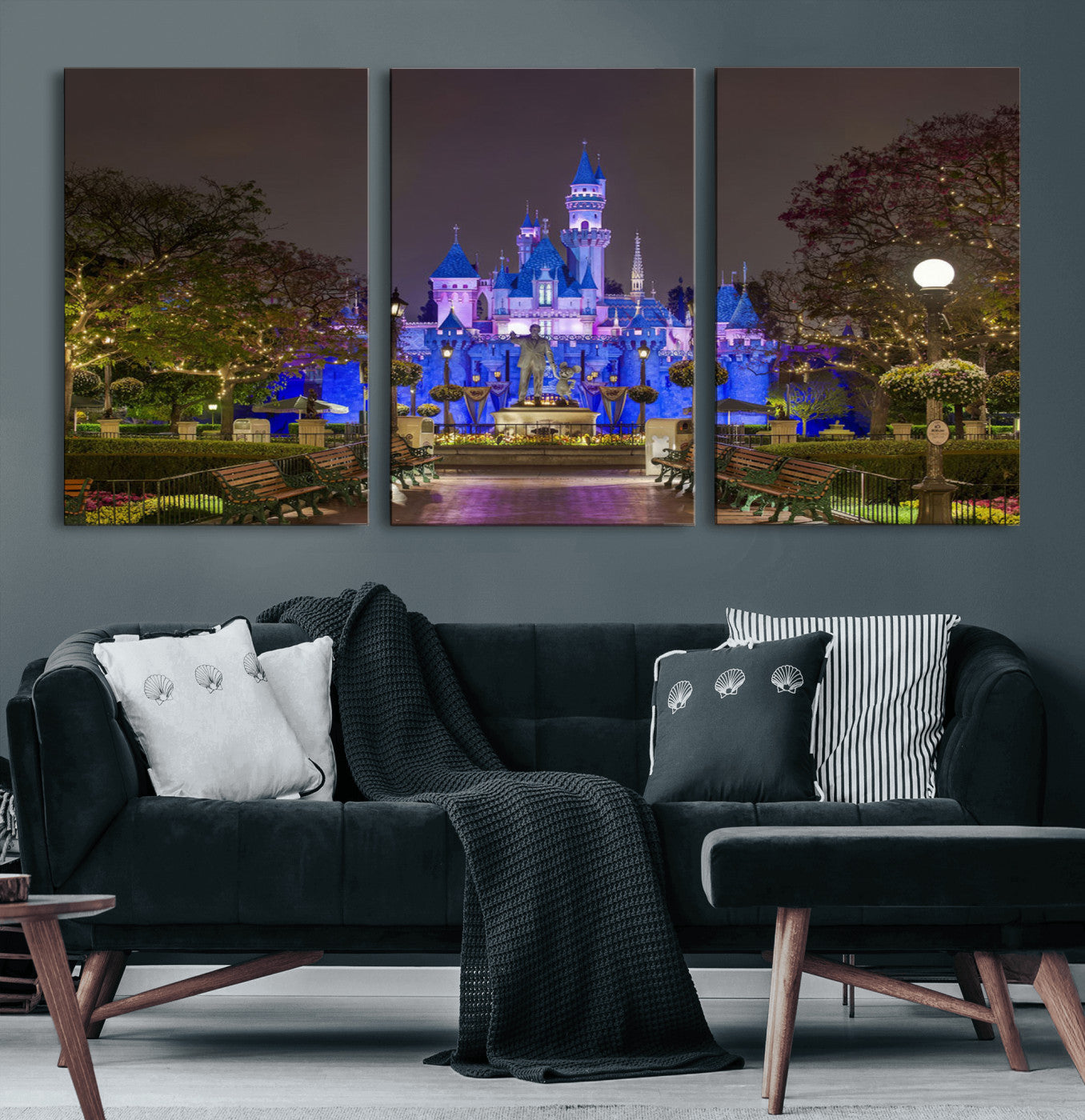 63560-MGV-CV-60X30-3P-Fairy Tale Castle Wall Art – Magical Night Scene Canvas Print with Lights and Gardens, Fantasy Architecture Artwork for Living