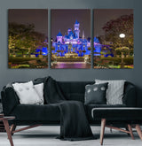 63560-MGV-CV-60X30-3P-Fairy Tale Castle Wall Art – Magical Night Scene Canvas Print with Lights and Gardens, Fantasy Architecture Artwork for Living