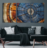 10583-MGV-CV-60X30-3P-Tree Ring Wall Art – Abstract Wood Grain Canvas Print with Blue and Brown Tones, Nature Inspired Rustic Artwork for Living Room,