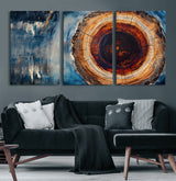48045-MGV-CV-60X30-3P-Tree Ring Abstract Wall Art – Rustic Wood Grain Canvas Print with Brown Center and Blue Brush Strokes, Nature Inspired Artwork for