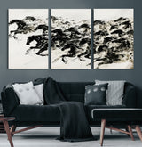 23069-MGV-CV-60X30-3P-Galloping Horses Wall Art – Black Ink Painting on Canvas, Dynamic Equestrian Artwork with Running Stallions, Expressive Modern