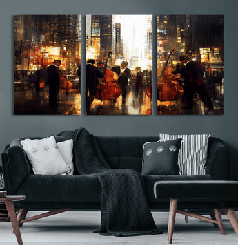 58782-MGV-CV-60X30-3P-Jazz Musicians Cityscape Wall Art – Vibrant Urban Night Canvas Print, Elegant Music Themed Decor for Living Room, Office, or Music