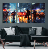 94605-MGV-CV-60X30-3P-City Jazz Night Wall Art – Vibrant Music Canvas Print Featuring Saxophone, Guitar and Bass Players, Urban Street Scene Artwork for