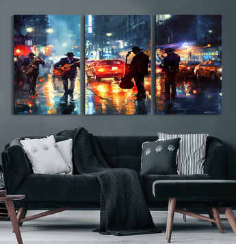 94605-MGV-CV-60X30-3P-City Jazz Night Wall Art – Vibrant Music Canvas Print Featuring Saxophone, Guitar and Bass Players, Urban Street Scene Artwork for