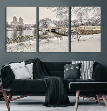 60292-MGV-CV-60X30-3P-Central Park Winter Wall Art – Snowy Bow Bridge Canvas Print, Scenic New York City Landscape Photography for Living Room, Bedroom