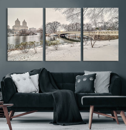 60292-MGV-CV-60X30-3P-Central Park Winter Wall Art – Snowy Bow Bridge Canvas Print, Scenic New York City Landscape Photography for Living Room, Bedroom