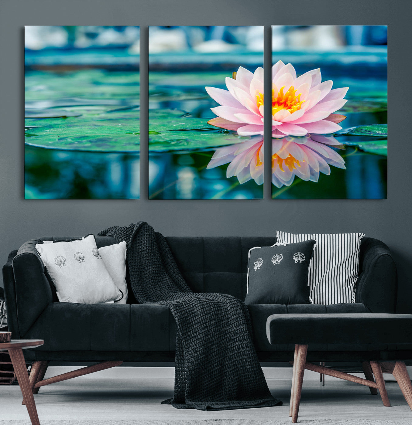 65933-MGV-CV-60X30-3P-Pink Water Lily Wall Art – Lotus Flower Canvas Print with Reflection on Calm Water, Peaceful Botanical Artwork for Living Room,