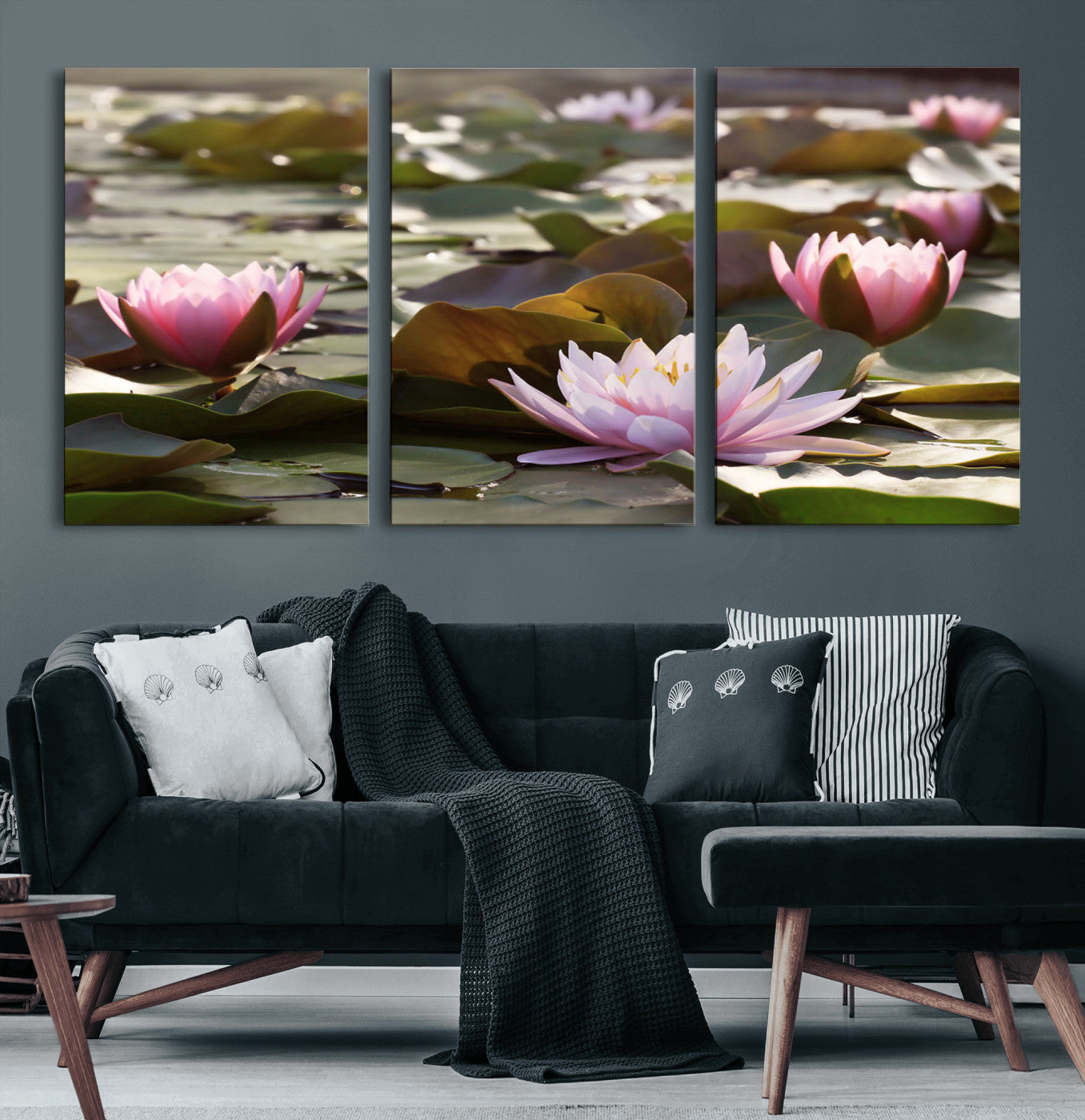 72218-MGV-CV-36X24-Water Lily Pond Wall Art – Pink Lotus Flowers Canvas Print with Green Lily Pads, Peaceful Botanical Artwork for Living Room,