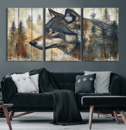 91882-MGV-CV-60X30-3P-Wolf Wall Art – Rustic Canvas Print of Forest Wolf on Wood Background, Wildlife Lodge Artwork for Living Room, Bedroom, Cabin, or