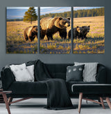 43400-MGV-CV-60X30-3P-Bear Family Wall Art – Wildlife Canvas Print of Mother Bear with Cubs in Sunlit Meadow, Rustic Animal Artwork for Living Room,