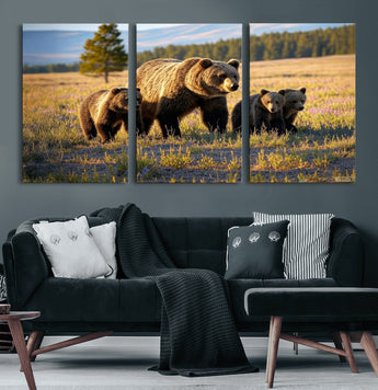 43400-MGV-CV-60X30-3P-Bear Family Wall Art – Wildlife Canvas Print of Mother Bear with Cubs in Sunlit Meadow, Rustic Animal Artwork for Living Room,