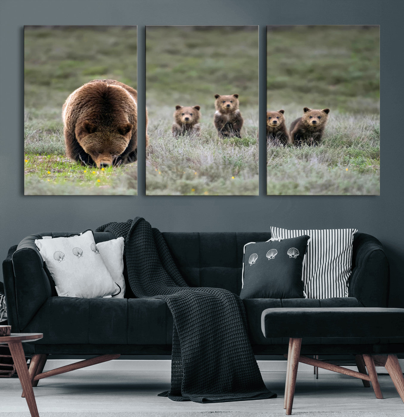 40555-MGV-CV-60X30-3P-Bear Family Wall Art – Wildlife Canvas Print of Mother Bear with Four Cubs in Nature, Rustic Animal Artwork for Living Room,