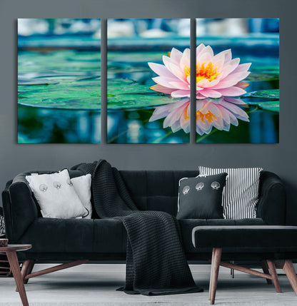 30320-MGV-CV-60X30-3P-Pink Water Lily Wall Art – Lotus Flower Canvas Print with Reflection Water, Peaceful Botanical Artwork for Living Room, Bedroom,