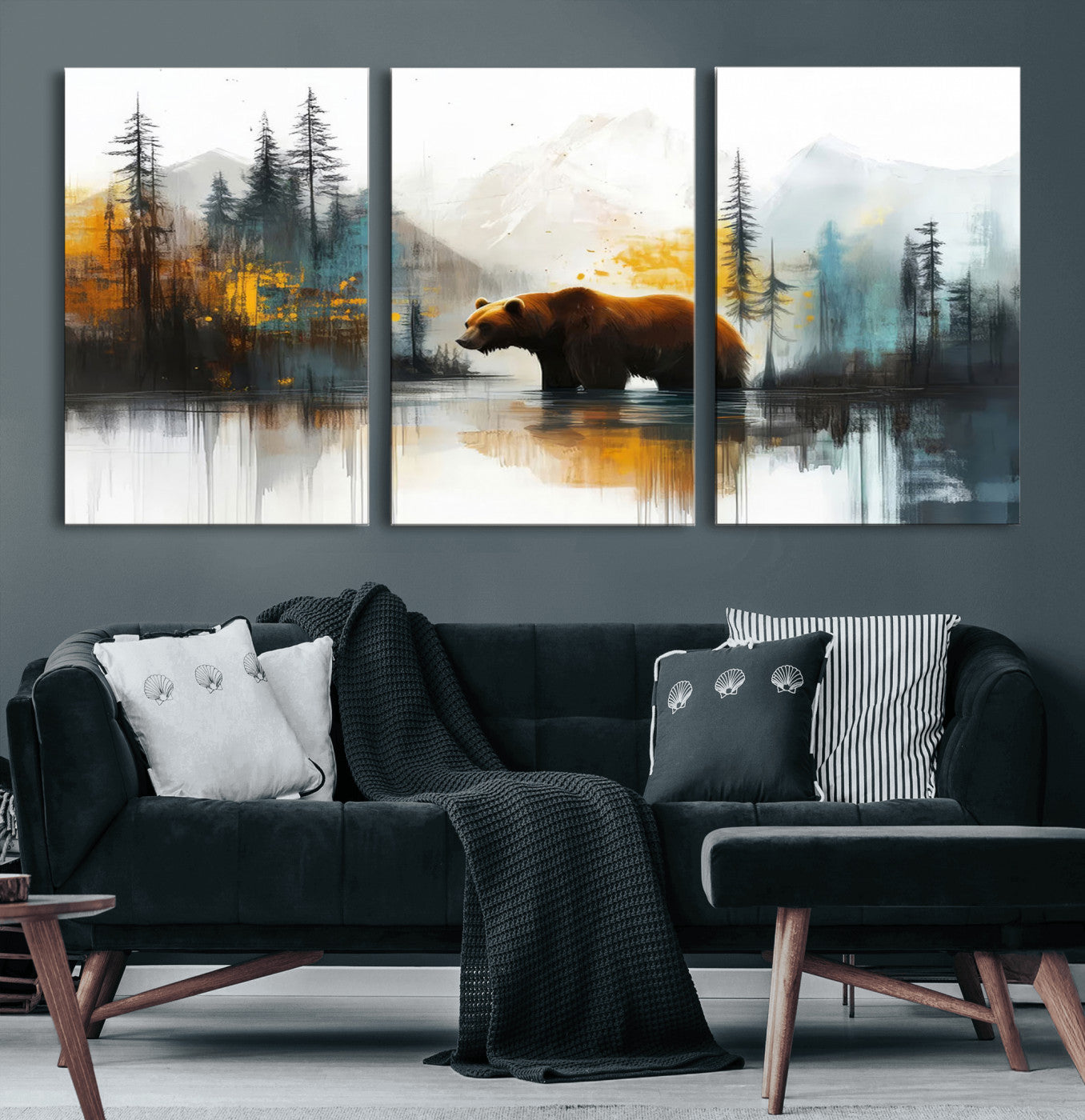 50308-MGV-CV-36X24-Abstract Rustic Bear Wall Art – Forest and Mountain Scene Canvas Print, Nature Artwork for Modern Farmhouse or Log Cabin Decor
