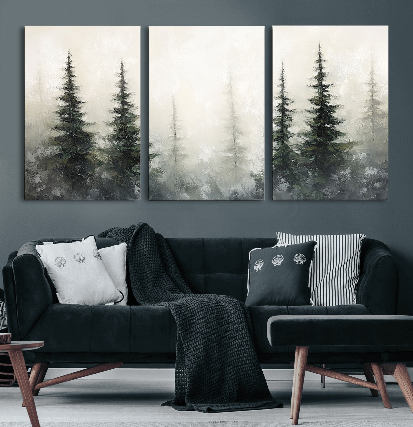 33241-MGV-CV-60X30-3P-Misty Forest Wall Art Canvas Print, Framed Foggy Pines Art Picture Print, Forest Haze Perfect Rustic Minimalist Decor Artwork