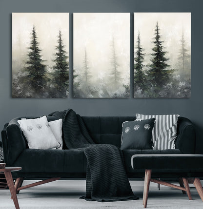 33241-MGV-CV-60X30-3P-Misty Forest Wall Art Canvas Print, Framed Foggy Pines Art Picture Print, Forest Haze Perfect Rustic Minimalist Decor Artwork