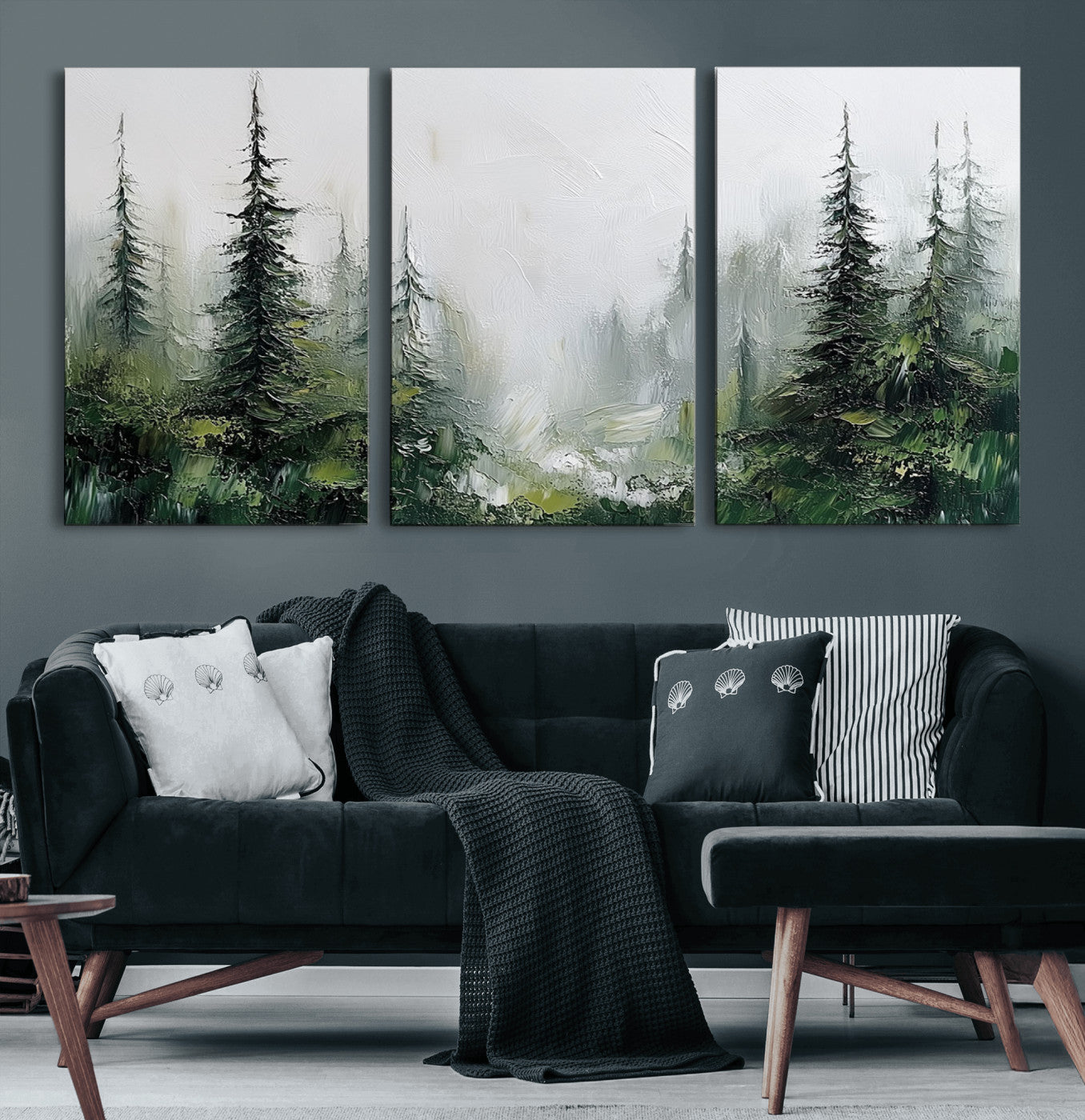 76014-MGV-CV-60X30-3P-Forest Wall Art – Textured Canvas Print Featuring Misty Evergreen Pines and Woodland Landscape, Rustic Nature Artwork for Living