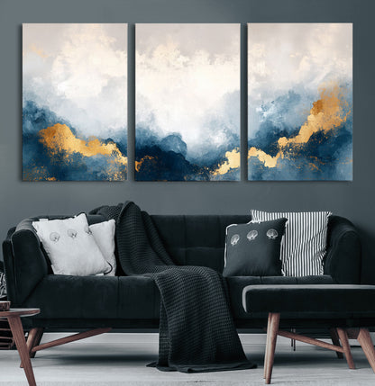 14578-MGV-CV-36X24-Abstract Wall Art – Modern Canvas Print Featuring Blue and White Clouds with Golden Accents, Contemporary Elegant Artwork for