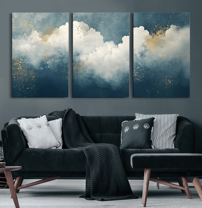 75131-MGV-CV-60X30-3P-Abstract Cloud Wall Art – Modern Canvas Print Featuring Blue and White Clouds with Golden Accents, Contemporary Artwork for Living