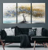 24771-MGV-CV-36X24-Silver Tree Wall Art Canvas Print, Framed Golden Leaves Art Picture Print, Metallic Tree Perfect Minimalist Luxury Decor Artwork
