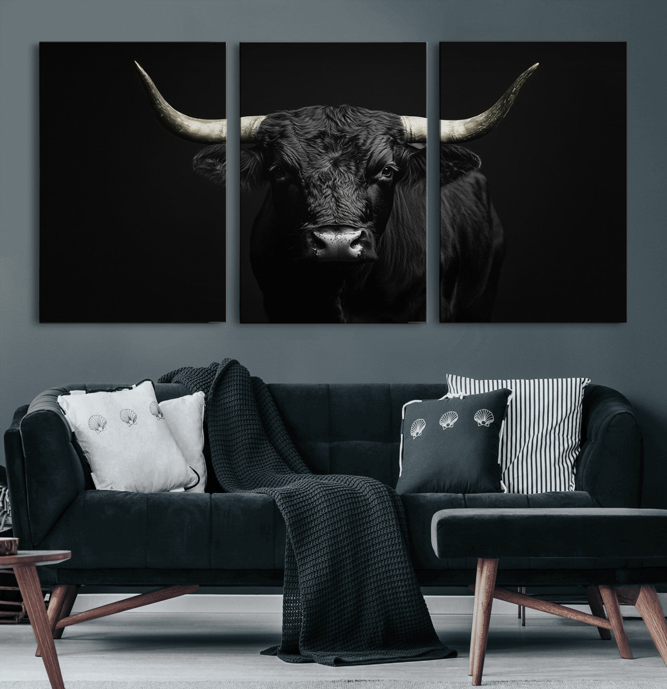 97914921-MGV-CV-60X30-3P-Black Bull Wall Art Canvas Print, Framed Longhorn Bull Art Picture Print, Western Bull Perfect Monochrome Western Decor Artwork
