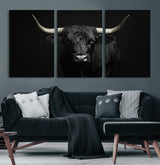 97914921-MGV-CV-60X30-3P-Black Bull Wall Art Canvas Print, Framed Longhorn Bull Art Picture Print, Western Bull Perfect Monochrome Western Decor Artwork
