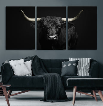 97914921-MGV-CV-60X30-3P-Black Bull Wall Art Canvas Print, Framed Longhorn Bull Art Picture Print, Western Bull Perfect Monochrome Western Decor Artwork