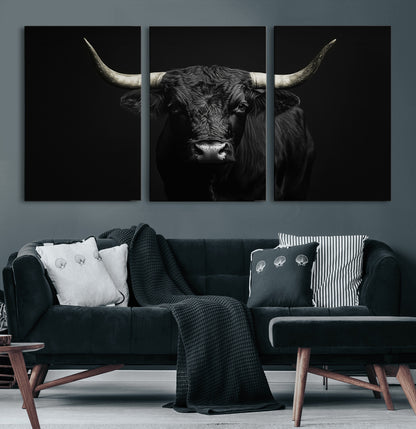 97914921-MGV-CV-60X30-3P-Black Bull Wall Art Canvas Print, Framed Longhorn Bull Art Picture Print, Western Bull Perfect Monochrome Western Decor Artwork