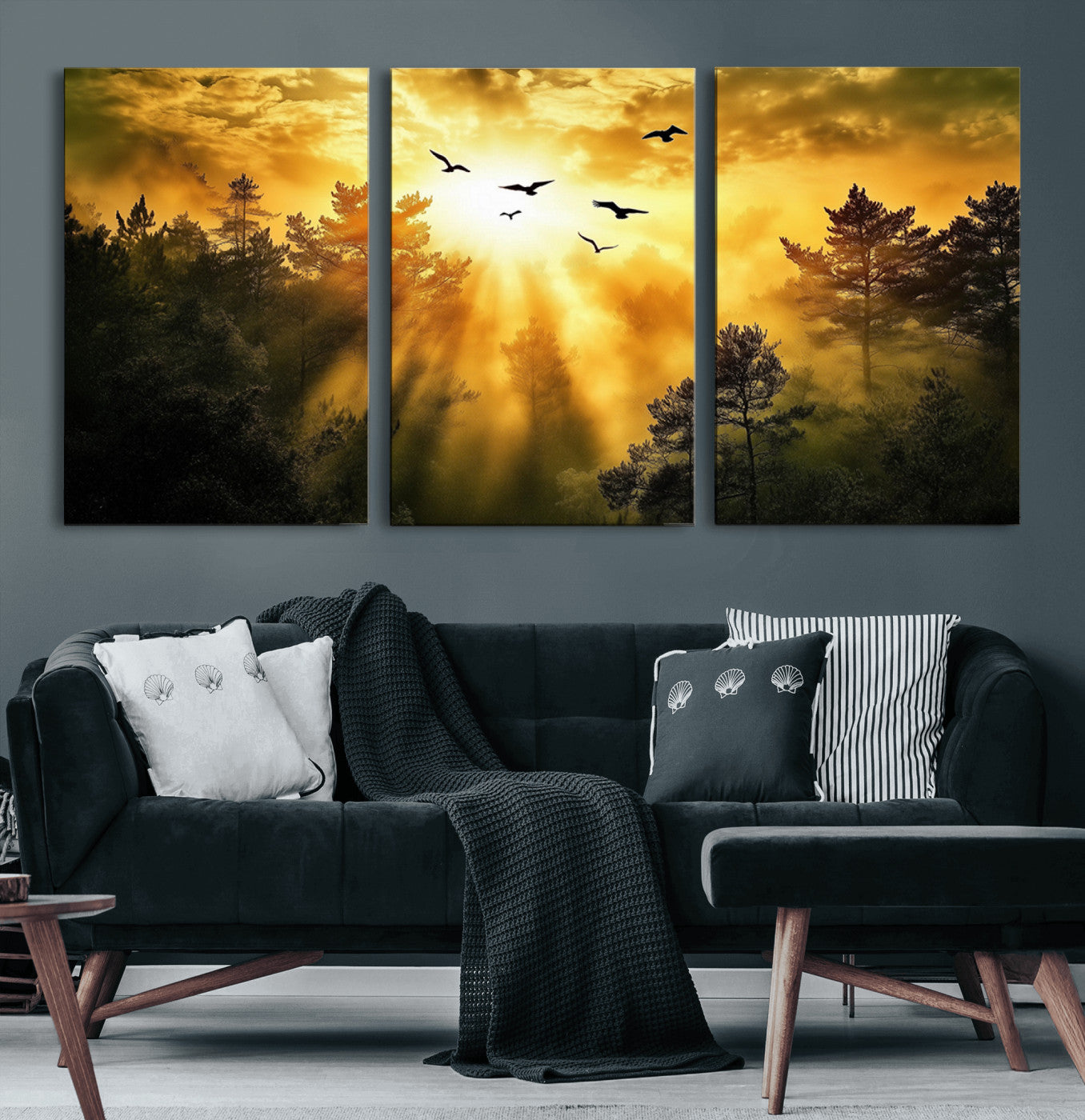 13776802-MGV-CV-60X30-3P-Golden Forest Wall Art Canvas Print, Framed Sunset Pines Art Picture Print, Flying Birds Perfect Nature Glow Decor Artwork