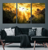 13776802-MGV-CV-60X30-3P-Golden Forest Wall Art Canvas Print, Framed Sunset Pines Art Picture Print, Flying Birds Perfect Nature Glow Decor Artwork