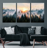 56391411-MGV-CV-60X30-3P-Misty Forest Wall Art Canvas Print, Framed Sunrise Pines Art Picture Print, Moody Pines Perfect Serene Woodland Decor Artwork