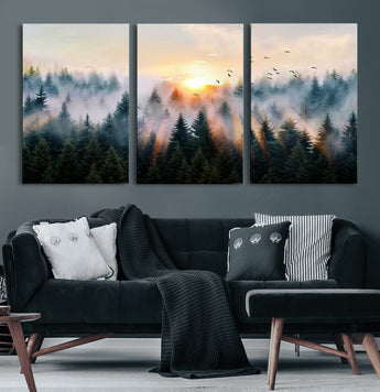 56391411-MGV-CV-60X30-3P-Misty Forest Wall Art Canvas Print, Framed Sunrise Pines Art Picture Print, Moody Pines Perfect Serene Woodland Decor Artwork