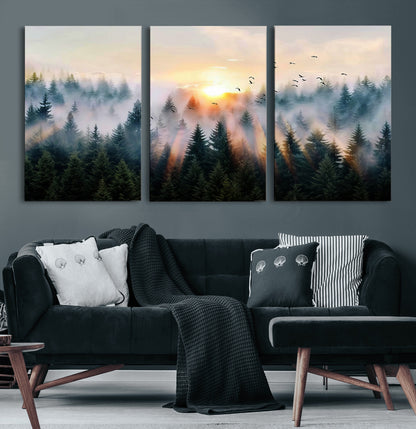 56391411-MGV-CV-60X30-3P-Misty Forest Wall Art Canvas Print, Framed Sunrise Pines Art Picture Print, Moody Pines Perfect Serene Woodland Decor Artwork
