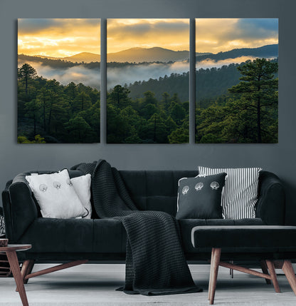 68082278-MGV-CV-60X30-3P-Mountain Sunrise Wall Art Canvas Print, Framed Pine Forest Art Picture Print, Misty Mountains Perfect Earthy Woodland Decor
