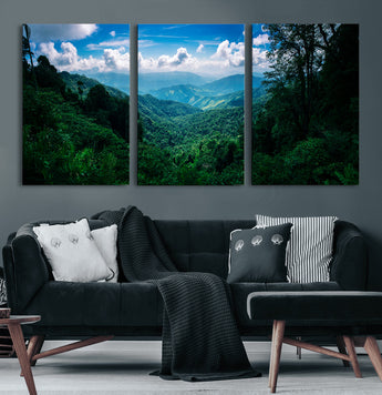 74439378-MGV-CV-60X30-3P-Tropical Jungle Wall Art Canvas Print, Framed Lush Valley Art Picture Print, Forest Mountains Perfect Tropical Wilderness Decor