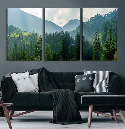 83417191-MGV-CV-36X24-Misty Mountain Forest Wall Art – Pine Tree Landscape Canvas Print, Nature Photography Panorama, Tranquil Green Forest Décor for