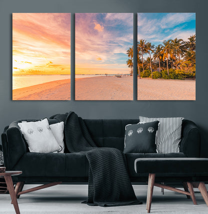 41542880-MGV-CV-60X30-3P-Tropical Beach Wall Art Canvas Print, Framed Palm Trees Art Picture Print, Sunset Shore Perfect Tropical Coastal Decor Artwork