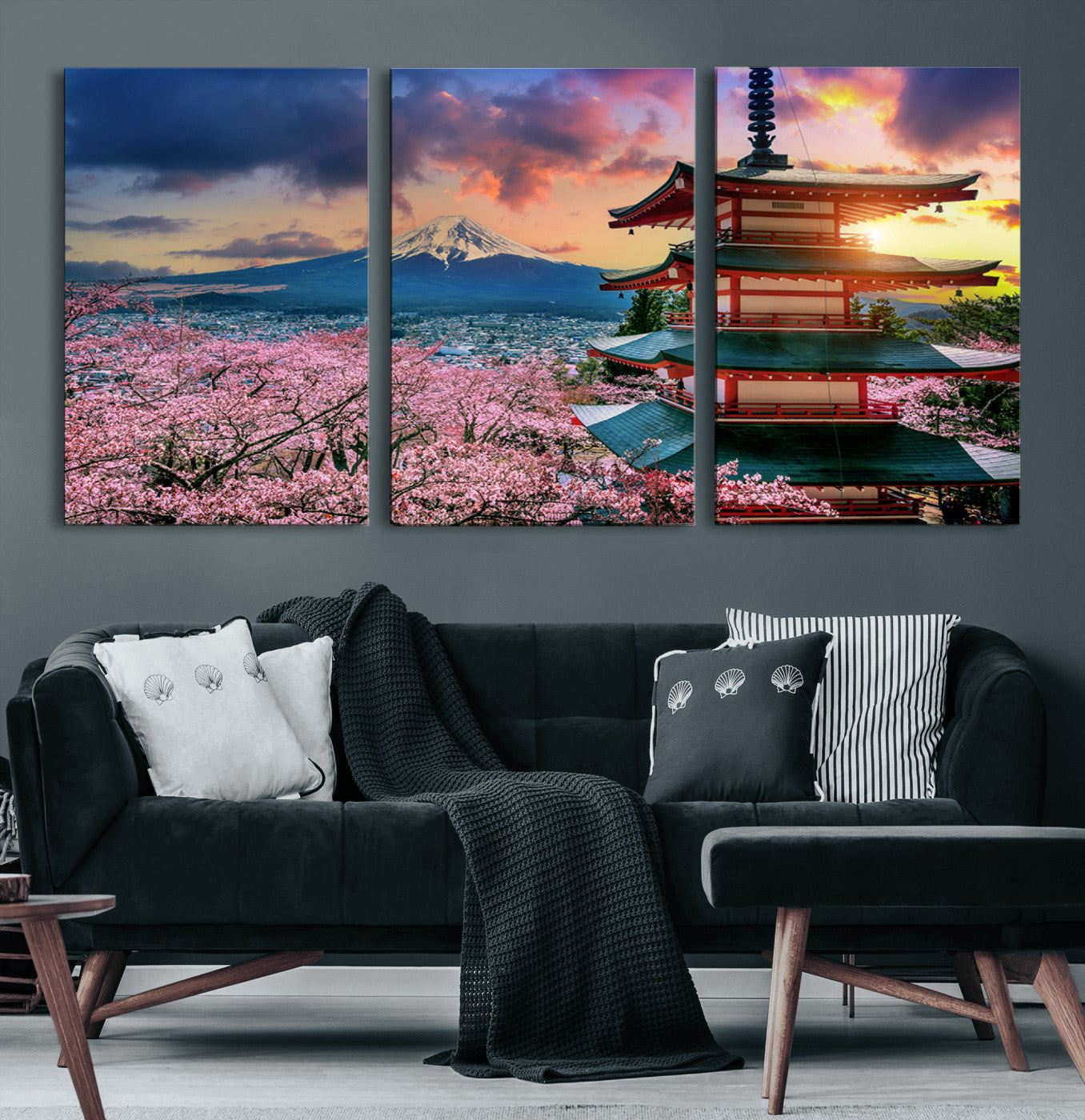 32331262-MGV-CV-60X30-3P-Mount Fuji Japan Wall Art – Cherry Blossom Landscape Canvas Print, Chureito Pagoda Sunset Photography, Japanese Nature Travel
