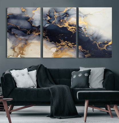 41136487-MGV-CV-60X30-3P-Black Marble Wall Art Canvas Print, Framed Gold Veins Art Picture Print, Abstract Texture Perfect Moody Luxe Decor Artwork