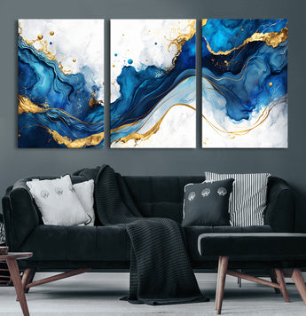 33506371-MGV-CV-60X30-3P-Blue Marble Wall Art Canvas Print, Framed Gold Splash Art Picture Print, Abstract Wave Perfect Modern Luxe Decor Artwork