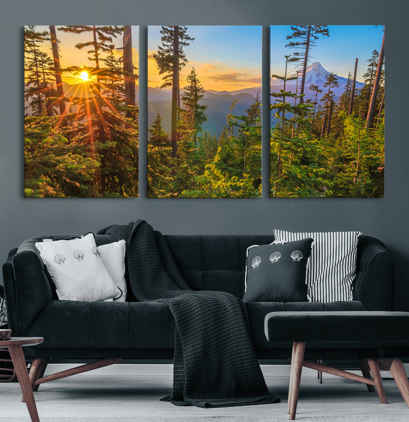 83544043-MGV-CV-60X30-3P-Forest Sunset Wall Art Canvas Print, Framed Sunset Trees Art Picture Print, Green Pines Perfect Rustic Nature Decor Artwork