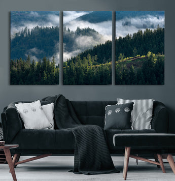 84598503-MGV-CV-36X24-Misty Forest Wall Art Canvas Print, Framed Pine Hills Art Picture Print, Moody Hills Perfect Moody Woodland Decor Artwork
