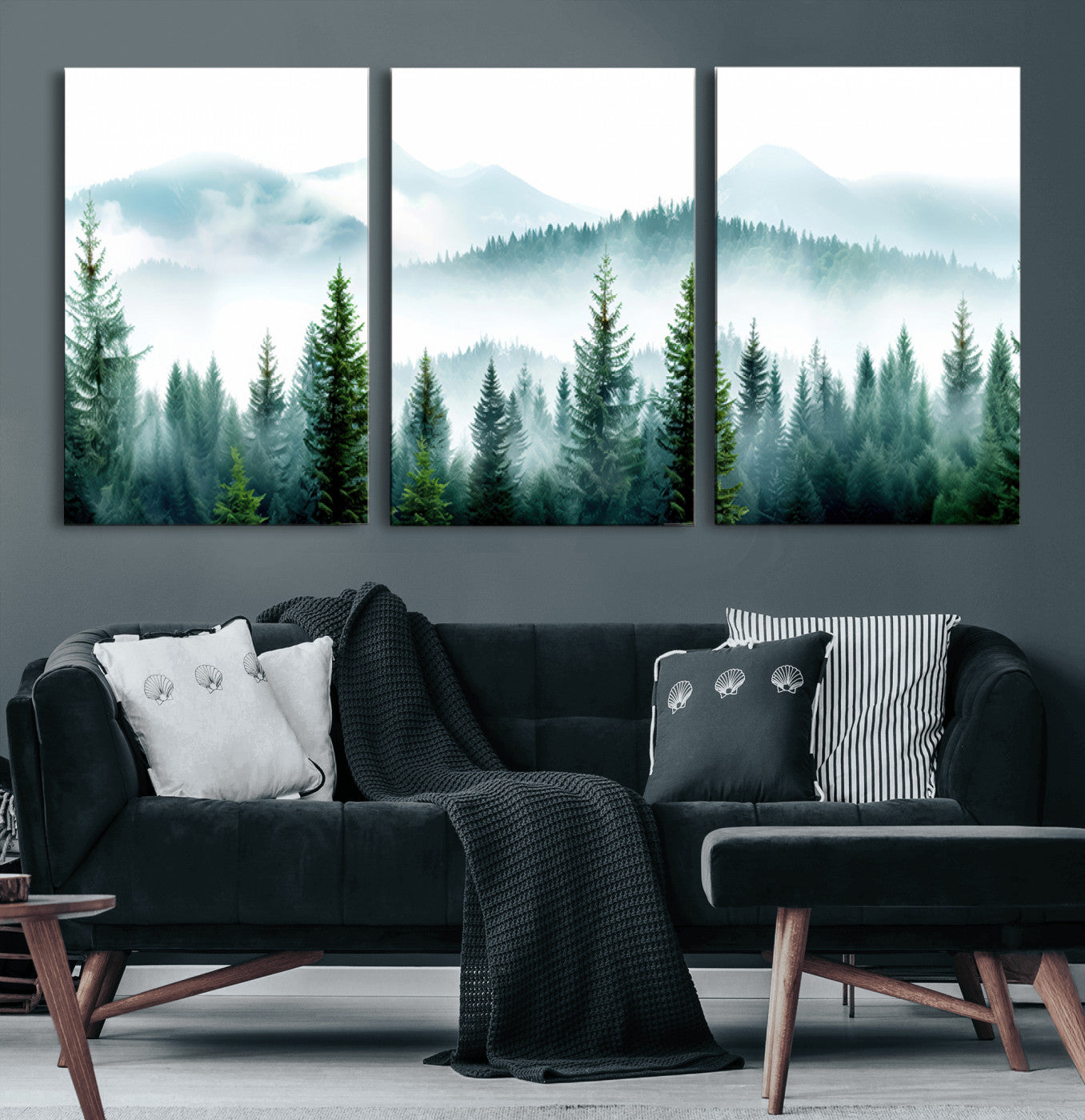 16716676-MGV-CV-60X30-3P-Pine Forest Wall Art Canvas Print, Framed Misty Mountains Art Picture Print, Foggy Trees Perfect Moody Forest Decor Artwork