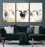 40397799-MGV-CV-36X24-Texas Longhorn Wall Art Canvas Print, Framed Rustic Herd Art Picture Print, Western Bull Perfect Neutral Western Decor Artwork