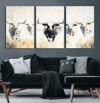 40397799-MGV-CV-36X24-Texas Longhorn Wall Art Canvas Print, Framed Rustic Herd Art Picture Print, Western Bull Perfect Neutral Western Decor Artwork