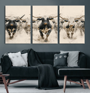 61538944-MGV-CV-60X30-3P-Texas Longhorn Wall Art Canvas Print, Framed Cattles Walking Art Picture Print, Black White Bulls Perfect Rustic Western Decor