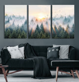 92718976-MGV-CV-60X30-3P-Misty Forest Wall Art Canvas Print, Framed Sunrise Pines Art Picture Print, Foggy Woodland Perfect Moody Woodland Decor Artwork