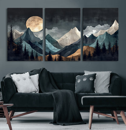 11060882-MGV-CV-60X30-3P-Moonlit Mountains Wall Art Canvas Print, Framed Forest Silhouette Art Picture Print, Night Landscape Perfect Modern Forest Decor